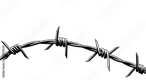 Stylized black and white vector illustration of a single strand of sharp barbed wire, stretching across a plain white background, symbolizing boundaries.
