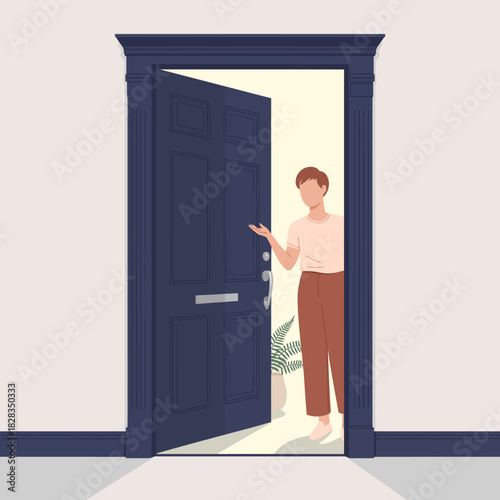 An inviting image of a person standing at an open doorway, symbolizing welcome and new beginnings in a serene and organized environment.