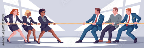 A dynamic tug-of-war scene between a group of business professionals, illustrating competition, teamwork, and strategic maneuvers in a corporate environment.