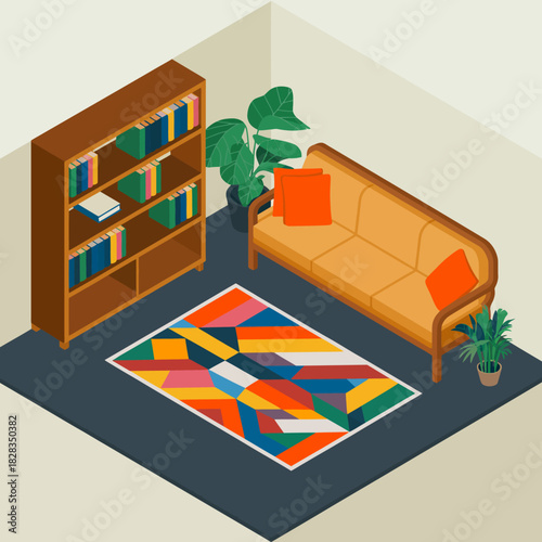 A stylish living room featuring a colorful rug, cozy sofa, and bookshelves filled with books, creating a vibrant and inviting atmosphere for relaxation and leisure.