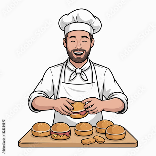 A lively illustration of a cheerful chef crafting delicious burgers with a smile, showcasing the passion for cooking and the joy of creating tasty meals in a vibrant kitchen.