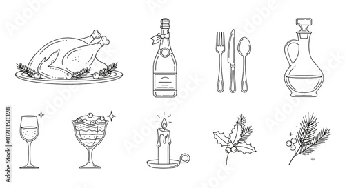 Festive Holiday Celebration Icons Dinner, Drinks & Decorations