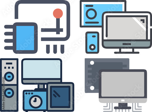 Computer electronics device icons set with hardware components vector