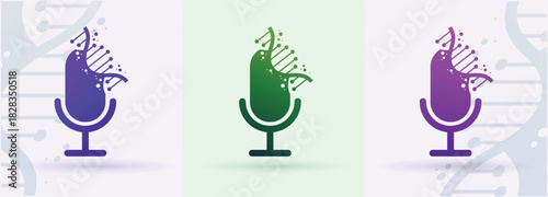 DNA helix with microphone logo podcast audio broadcasting media science technology icon

