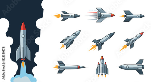 Various pixel art rockets and missiles in a stylized collection, including a large launch vehicle ascending into a dark, cloudy sky.