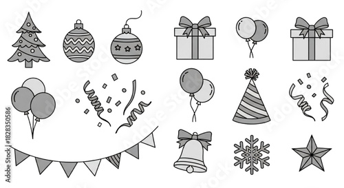 Set of festive and celebratory graphic elements for holiday and party decoration