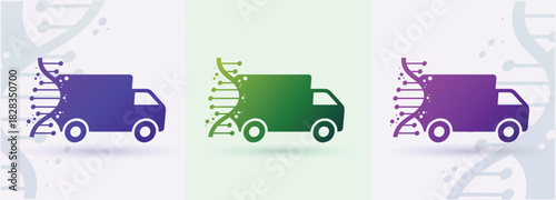 DNA helix with delivery truck logo logistics courier shipping express service icon

