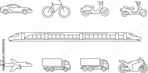 Line Art Illustration of Various Transportation Modes