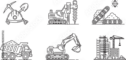 Mining and Construction Site Icons Outline Style