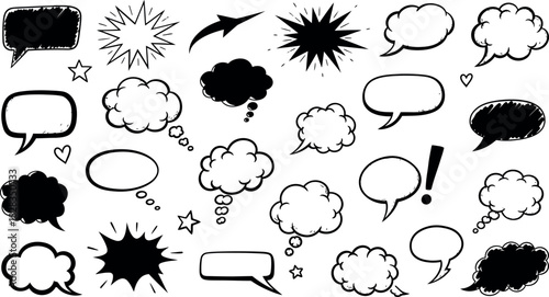 Hand drawn speech thought and comic bubbles communication set