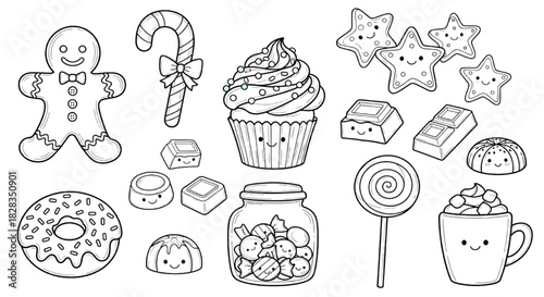 Delightful festive sweet treats and holiday desserts outline collection, perfect for coloring pages or crafts