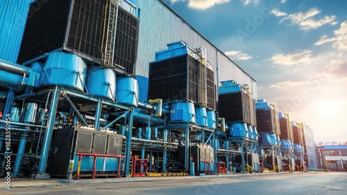 Large industrial building with black cooling towers under clear sky during evening hours highlighting modern architecture and industrial activity