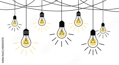 An artistic depiction of multiple glowing lightbulbs suspended by intertwined wires, symbolizing ingenuity, innovation, and enlightenment.