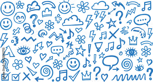 Playful blue doodle pattern featuring various hand-drawn symbols