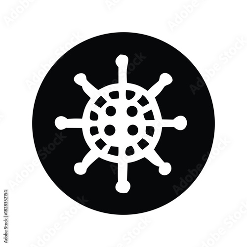 Simple vector icon of a ship's helm inside a black circle. A monochrome symbol representing maritime navigation, control, and nautical voyages. Isolated graphic design element
