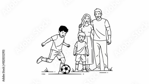 Family enjoying outdoor activity with son playing soccer.