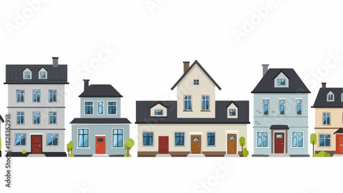 Row of Colorful Cartoon Houses in a Suburban Neighborhood.