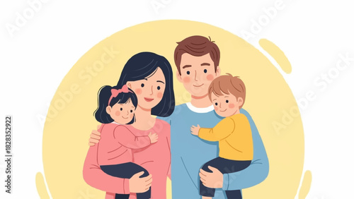 Happy family portrait of parents and their two children smiling together.