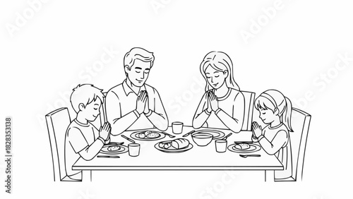 Family Praying Together Before Mealtime Gathering.