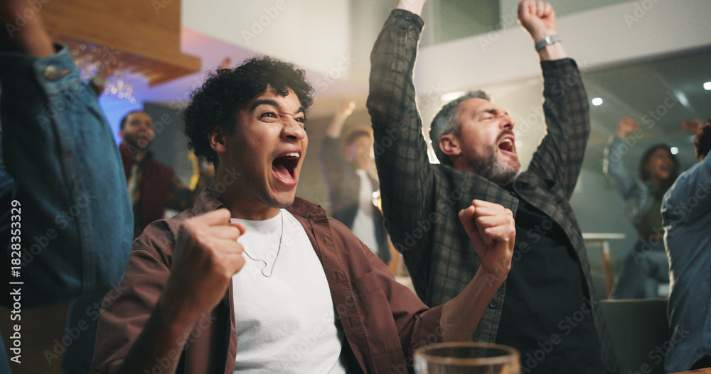Fototapeta premium Man, group and celebration at sports bar, watching tv or fist pump for goal in soccer competition. People, friends and excited with cheers, football match or live stream for international game at pub
