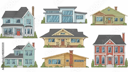 Illustrated set of various American residential house styles.