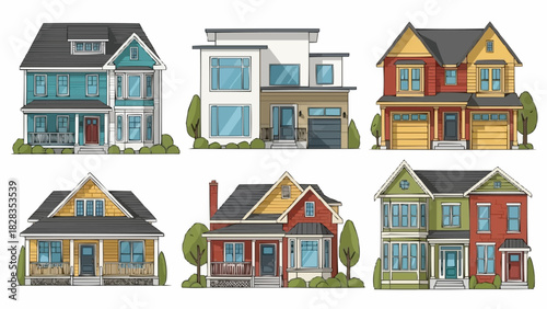 Collection of Six Diverse Residential Houses Architectural Styles.