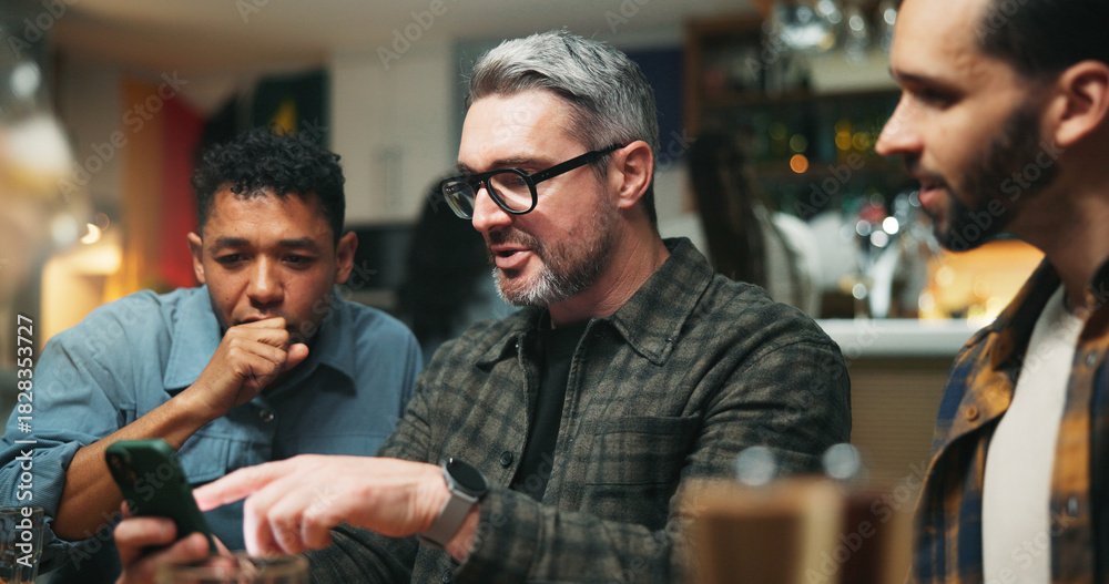 Fototapeta premium Smartphone, people and friends in pub, talking and social media with communication. Men, mobile user and cellphone with internet, connection and digital app with website information and conversation