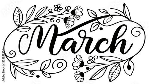 Vector illustration of words 'March’, beautifully decorated with fresh leaves and spring flowers, creating a cheerful season-greeting design