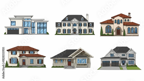 Collection of Six Diverse Residential Houses Architectural Styles.