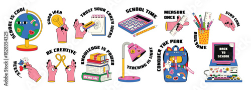 Backtoschool retro stickers globe books and computer