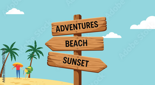 Wooden signpost indicating directions to adventures, the beach, and sunset on a tropical island.