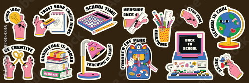 Backtoschool themed sticker set with school supplies and hands featuring various educational themes
