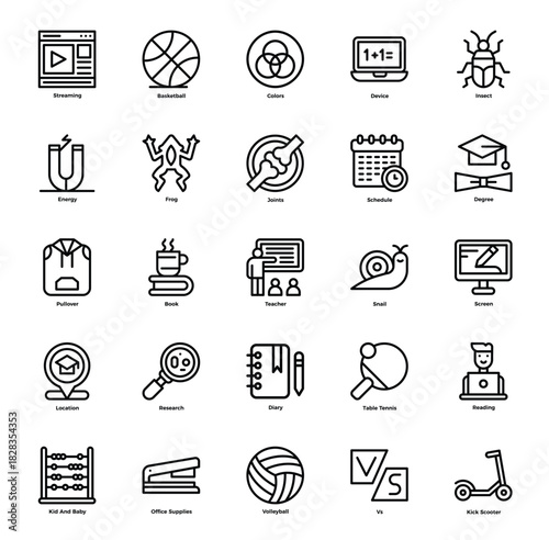 Education, School Subjects, and Leisure Line Icon Set. Collection of Sports, Science, and Learning Outline Symbols.