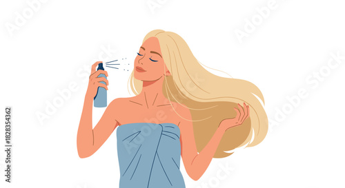 Young woman with blonde hair applying spray to her face with a blue bottle.