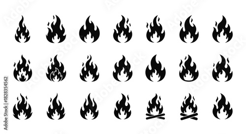 Collection of black flame icons representing fire in various styles and sizes.