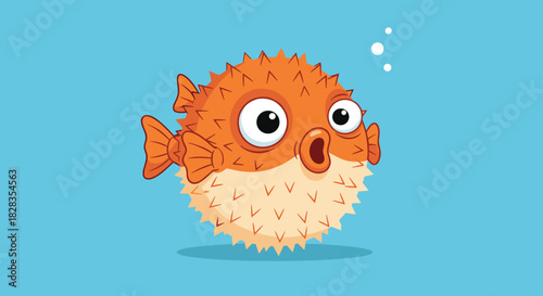 Cartoon pufferfish inflated and surprised, swimming in bright blue water with bubbles.