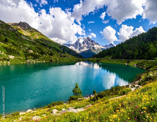 Scenic alpine lake with vibrant turquoise water reflecting mountains