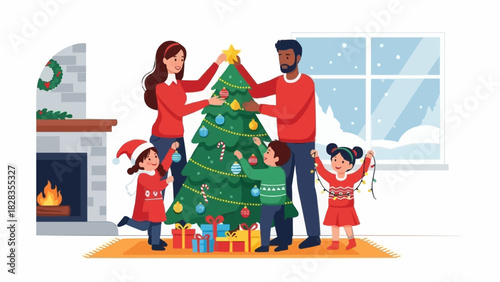 Family Decorating Christmas Tree with Joyful Children.