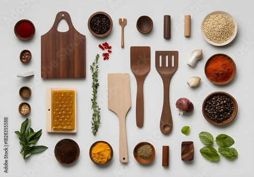 Flat Lay of Wooden Kitchen Utensils and Spices