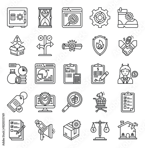 Business, Finance, and Consumer Protection Line Icon Set. Collection of Insurance, Risk Management, and Marketing Outline Symbols.