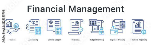 Financial management banner web icon covers accounting ledger invoicing budget planning and expense tracking comprehensively.