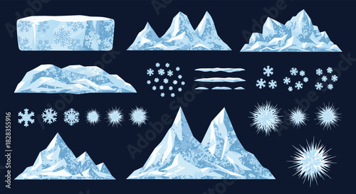 Create a stunning winter wonderland scene with these icy mountain peaks and sparkling snowflake assets for your next holiday project or seasonal design