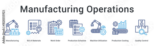 Manufacturing operations banner web icon manages bill of materials work orders schedules machine utilization and costing.