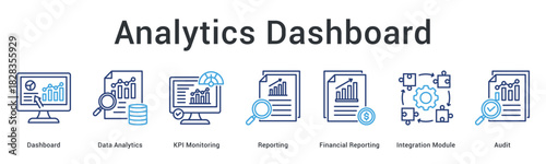 Analytics dashboard banner web icon displays data analytics KPI monitoring reporting and integration audit capabilities.