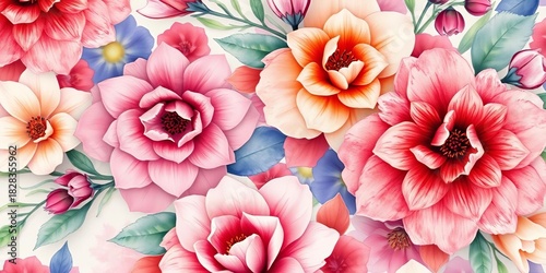Intricate watercolor floral pattern, vibrant hues, soft focus, lush blooms, orange, wallpaper
