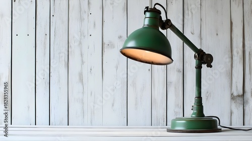 Vintage Green Industrial Desk Lamp on White Wooden Background