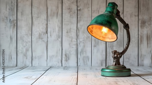Vintage Green Metal Desk Lamp on White Wooden Background