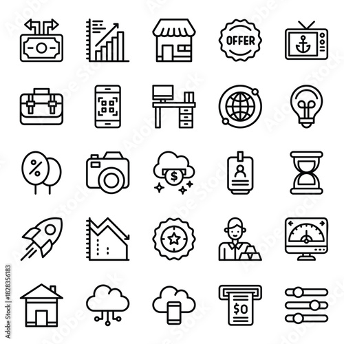 Business, Finance, and Strategy Line Icon Set. Collection of Marketing, Investment, and Startup Outline Symbols.