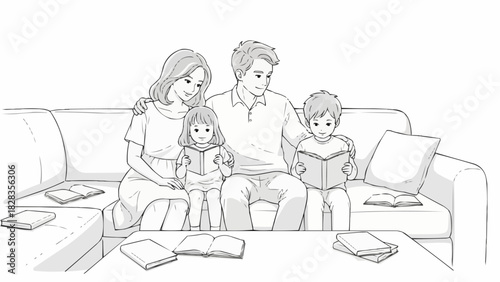 Family of four reading books together on a comfortable sofa.