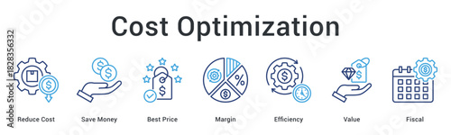 Cost optimization banner web icon featuring strategies for reducing expenses and maximizing profit margins efficiently.